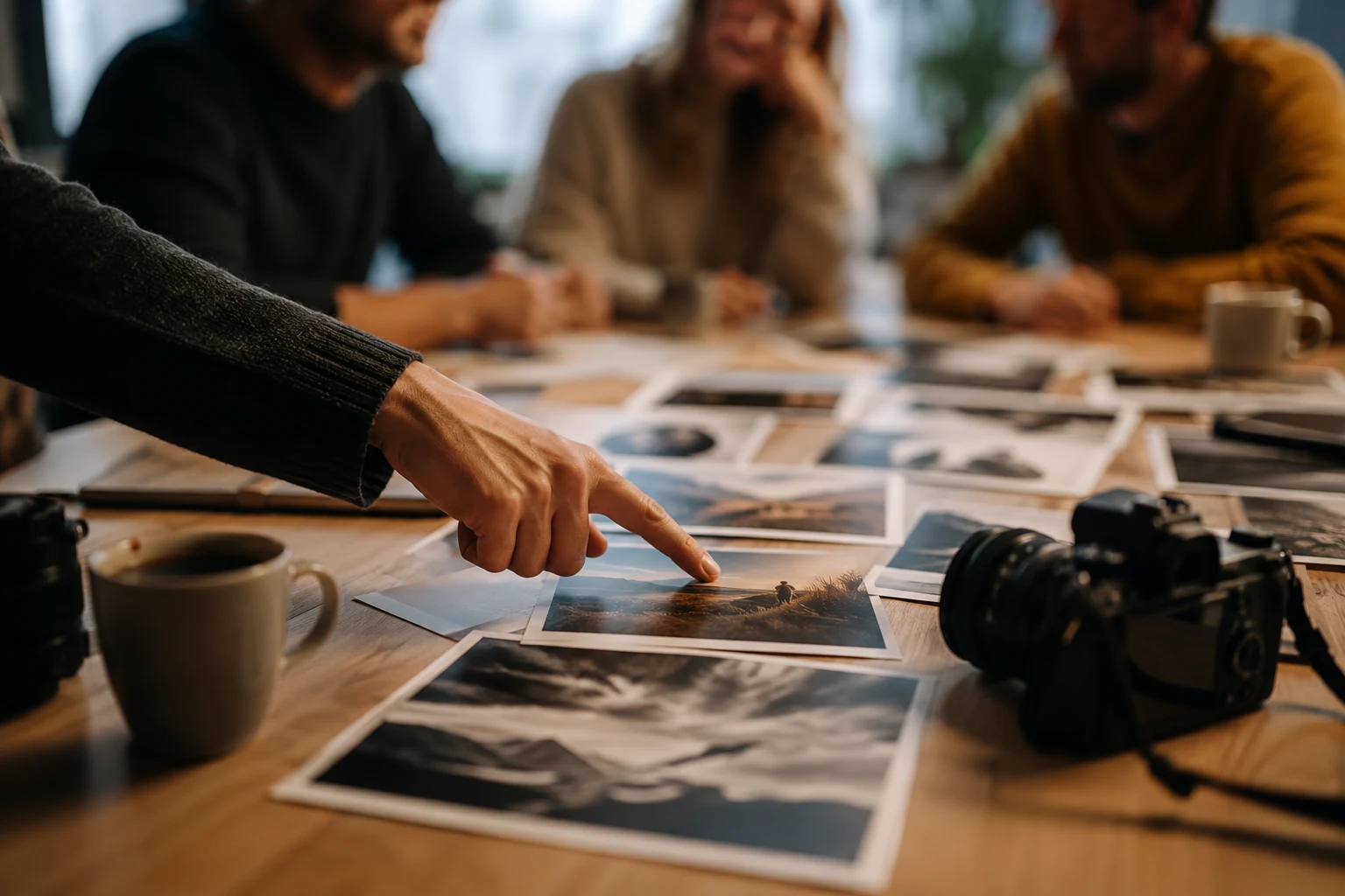 Mensen zitten rond een tafel en kijken naar foto's op print